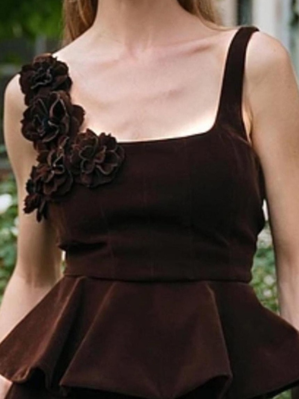 NWT Muse by Marchesa Velvet Peplum Top
Ristretto Brown Floral Applique